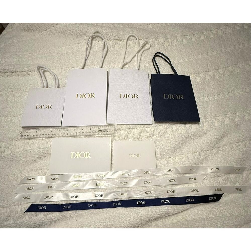 4 Authentic Dior Assorted Small White Navy Paper Gift Bags, Ribbons & Envelopes